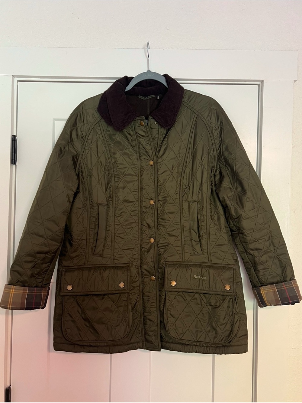 Barbour Beadnell Polarquilt Barn Jacket US 12 UK 16 Olive Green Tartan Coat